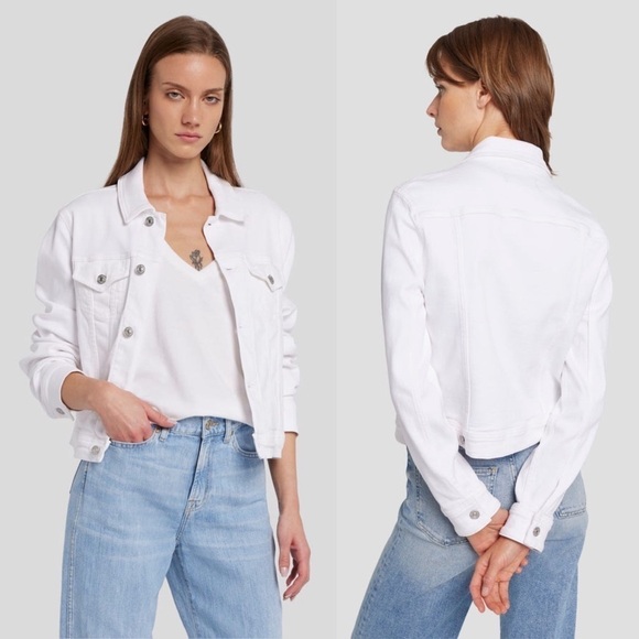 7 FOR ALL MANKIND 90s Luxe Ivory Stretch Denim Cropped Jean Trucker Jacket L - Picture 10 of 15